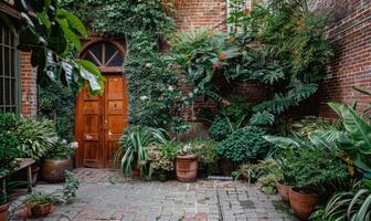 ai generiert hölzern Tür im das Hof von ein Haus mit Pflanzen und Blumen foto