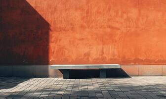 ai generiert Bank im Vorderseite von ein Orange Wand, mit Schatten auf das Mauer foto