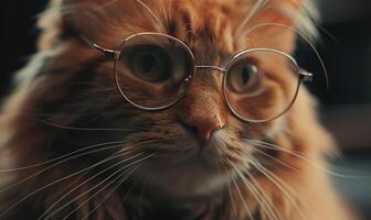 ai generiert süß Ingwer Katze tragen Brille. Porträt von ein Katze. foto