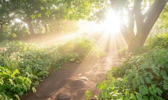 ai generiert Sonnenuntergang im das Garten. schön Sommer- Landschaft mit Sonnenstrahlen foto