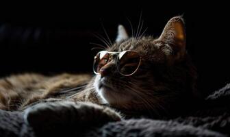 ai generiert süß Katze mit Sonnenbrille Lügen auf ein Sofa im das Zimmer. foto