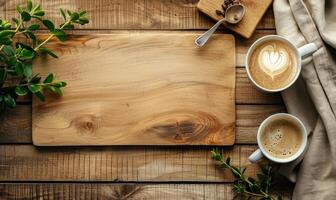 ai generiert hölzern Schneiden Tafel mit Tasse von Kaffee auf Tisch, oben Aussicht foto