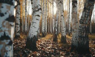 ai generiert Birke Wald im Sonnenlicht im das Morgen, Herbst Natur Landschaft foto
