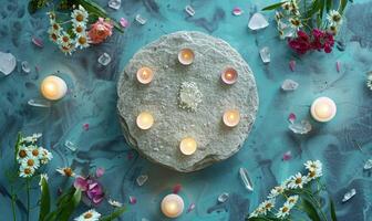 ai generiert astrologisch Symbole auf ein schwarz Stein mit Kerzen und Blumen. foto