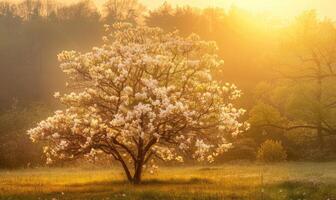 ai generiert Magnolie Baum im voll blühen unter das golden Licht von Sonnenaufgang foto