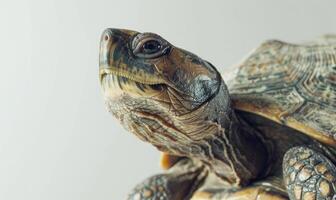 ai generiert schließen oben von ein Schildkröte auf Weiß Hintergrund, selektiv Fokus. foto