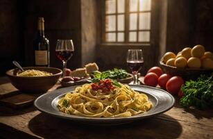 ai generiert Pasta mit Fleisch, Gemüse und Wein foto