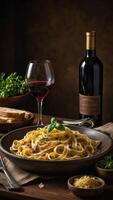 ai generiert Pasta mit Fleisch, Gemüse und Wein foto