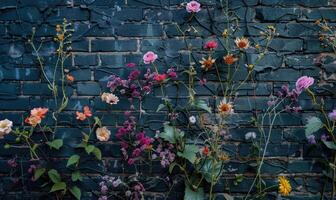 ai generiert bunt Rosen im das Garten auf ein Backstein Mauer Hintergrund. selektiv Fokus. foto