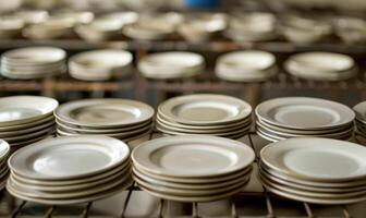 ai generiert Keramik Geschirr im ein Fabrik, Nahansicht von Foto