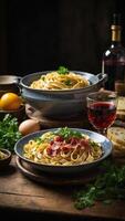 ai generiert Pasta mit Fleisch, Gemüse und Wein foto