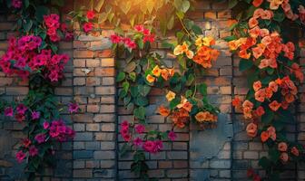 ai generiert Bougainvillea Blumen auf Backstein Mauer Hintergrund, Bougainvillea Blumen foto