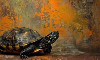 ai generiert Schildkröte auf das Hintergrund von ein Grunge Orange Mauer. Nahansicht foto