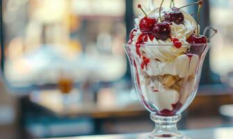 ai generiert Eisbecher gekrönt mit Kirschen und ausgepeitscht Creme, Nahansicht Sicht, selektiv Fokus foto