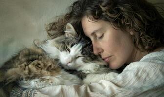 ai generiert schön jung Frau Schlafen auf das Bett mit ihr Katze, schließen oben foto