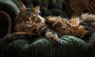 ai generiert majestätisch Maine Waschbär Katze faulenzen auf ein Plüsch Samt Kissen foto