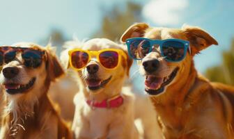 ai generiert Hunde mit Sonnenbrille auf sonnig Sommer- Tag. Hunde im Sonnenbrille. Reise und Tourismus foto