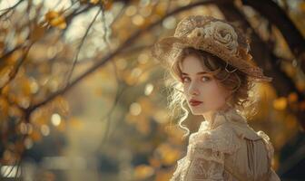 ai generiert Porträt von ein schön Frau im ein Jahrgang Kleid und Hut. foto