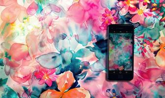 ai generiert künstlerisch Smartphone Attrappe, Lehrmodell, Simulation gegen ein beschwingt Aquarell Blumen- nahtlos Hintergrund foto