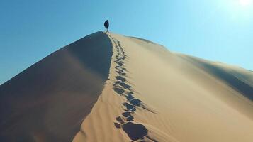 ai generiert Person Stehen auf oben von Sand Düne foto