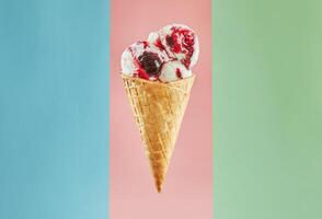 Eis Sahne Kegel mit Erdbeere und Vanille Eis Sahne auf Pastell- Rosa Hintergrund foto