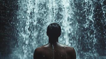 ai generiert Waschen Haar unter ein erfrischend Wasserfall im Natur. Mann Stehen unter das Kaskade, Spülen Shampoo von seine Haar inmitten Nebel und das Klang von fallen Wasser. foto