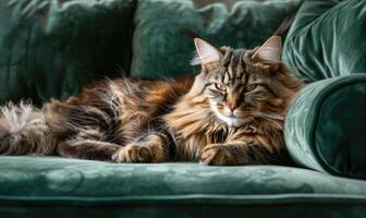 ai generiert Maine Waschbär Katze mit luxuriös Pelz liegend auf ein Plüsch Samt Sofa foto