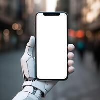 ai generiert schließen oben von Roboter Hand halten leer Bildschirm Smartphone auf Stadt Straße Hintergrund foto
