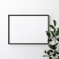 ai generiert leeren schwarz Foto Rahmen auf Weiß Mauer mit Pflanze. minimalistisch Konzept