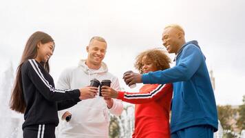 multiethnisch Gruppe Menschen Teenager Freunde. Afroamerikaner, asiatisch, kaukasisch Schüler Ausgaben Zeit zusammen gemischtrassig Freundschaft foto