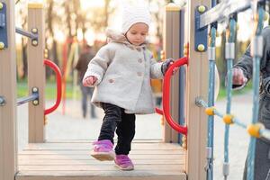 wenig süß Mädchen spielen beim das Spielplatz im Herbst foto