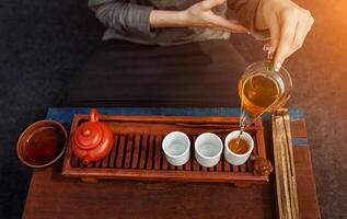 Die chinesische Teezeremonie wird vom Teemeister im Kimono durchgeführt foto