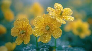 ai generiert zwei Gelb Blumen mit Wasser Tröpfchen foto