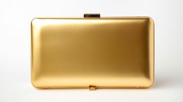 ai generiert Gold Koffer Kupplung Tasche isoliert auf Weiß Hintergrund mit Kopieren Raum zum Werbung. ai generiert foto