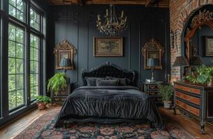ai generiert geräumig Schlafzimmer mit schwarz Wände und groß Bett foto