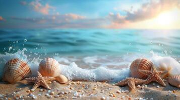 ai generiert Muscheln und Seestern auf sandig Strand foto