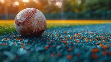 ai generiert Baseball auf Baseball Feld foto