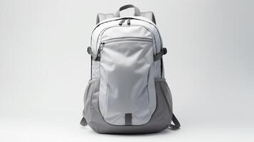 ai generiert grau Radfahren Rucksack Tasche isoliert auf Weiß Hintergrund mit Kopieren Raum zum Werbung. ai generiert foto