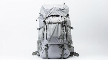 ai generiert grau Wandern Rucksack Tasche isoliert auf Weiß Hintergrund mit Kopieren Raum zum Werbung. ai generiert foto