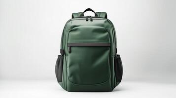 ai generiert Grün Kamera Rucksack Tasche isoliert auf Weiß Hintergrund mit Kopieren Raum zum Werbung. ai generiert foto