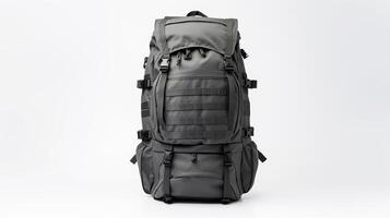 ai generiert grau taktisch Rucksack Tasche isoliert auf Weiß Hintergrund mit Kopieren Raum zum Werbung. ai generiert foto