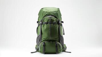 ai generiert Grün Wandern Rucksack Tasche isoliert auf Weiß Hintergrund mit Kopieren Raum zum Werbung. ai generiert foto