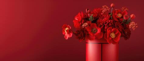 ai generiert Strauß von rot Mohnblumen im ein rot Luxus Vase auf ein leeren rot Hintergrund mit Kopieren Raum foto