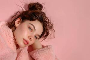 ai generiert süß Brünette jung Frau auf Pastell- Rosa Hintergrund mit Kopieren Raum. Schönheit und Pflege Konzept foto