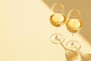 ai generiert zwei Brille von Champagner auf ein Licht minimalistisch Hintergrund mit Kopieren Raum foto