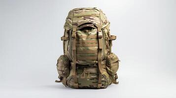 ai generiert Multicam taktisch Rucksack Tasche isoliert auf Weiß Hintergrund mit Kopieren Raum zum Werbung. ai generiert foto