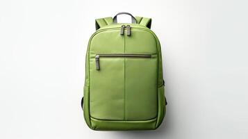 ai generiert Grün Reise Rucksack Tasche isoliert auf Weiß Hintergrund mit Kopieren Raum zum Werbung. ai generiert foto