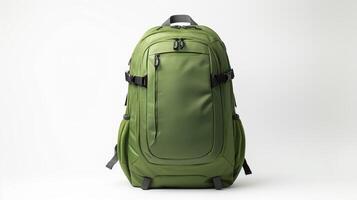 ai generiert Grün Reise Rucksack Tasche isoliert auf Weiß Hintergrund mit Kopieren Raum zum Werbung. ai generiert foto