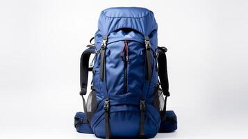 ai generiert Marine Blau Wandern Rucksack Tasche isoliert auf Weiß Hintergrund mit Kopieren Raum zum Werbung. ai generiert foto