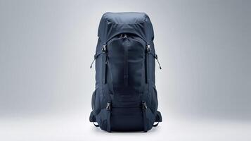 ai generiert Marine Blau Wandern Rucksack Tasche isoliert auf Weiß Hintergrund mit Kopieren Raum zum Werbung. ai generiert foto